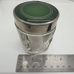 Brockway Clear Glass Jar w/ Green Metal Lid & Rim, Top Marked "B" "3", 3 oz